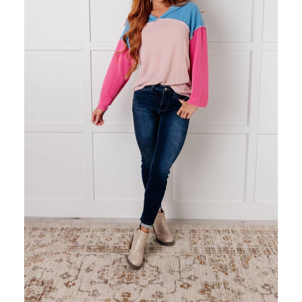 NEW ONE ELEVEN NORTH textured color block pullover hoodie in pink multi